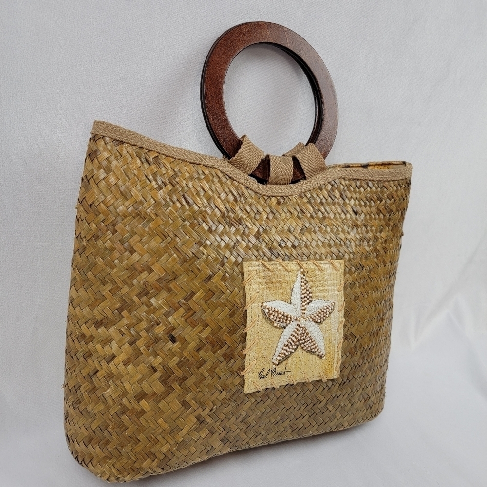 Paul Brent Sun N Sand wicker beaded starfish purse with wooden handles - Picture 3 of 9